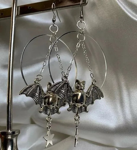 sengpan Halloween Moon , Star and Bat Dangle , Star and Bat Earring , Hoops Earrings