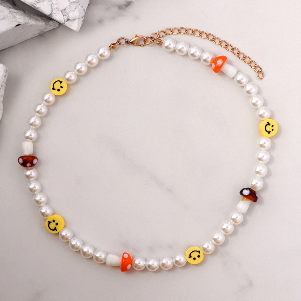 sengpan christmas gift ideas valentines day gifts for her Boho Smile Face Pearl Beaded Necklace For Women Colorful Heart Bead Handmade Necklaces Imitation Pearls Choker Sweet Jewelry New