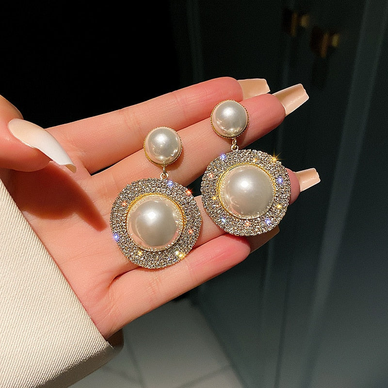 sengpan Christmas wishlist New Trendy Korean Oversized Gray Pearl Drop Earrings for Women Classic Golden Round Crystal Wedding Earrings Jewelry Gift Party