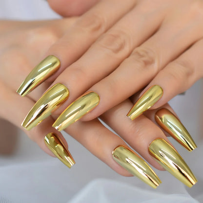 sengpan Metallic Coffin Nail Tips False Nails Long Ballerina Gold Mirror Fake Nails Press On Full Set For Fingernail Decorations