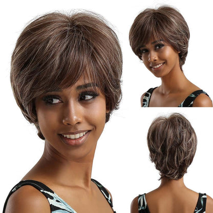 sengpan Short Straight Wigs Ombre Brown Synthetic Hair Wigs with Bangs for Black Women Daily Cosplay Heat Resistant Natural Hair Wigs