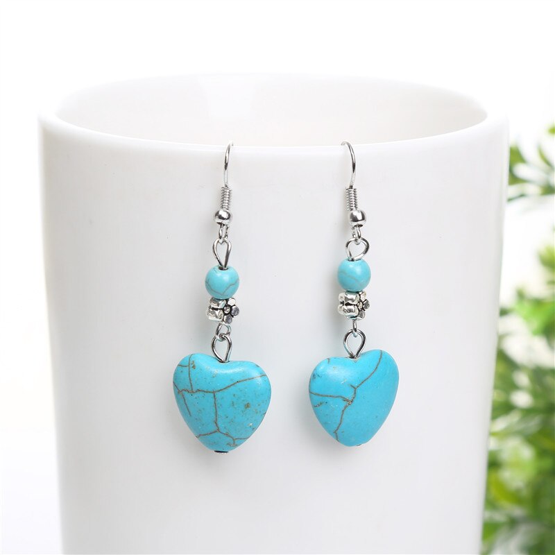 sengpan Disaster Prevention Jewelry Women Drop Earrings Jewelry Retro Simple Heart Shape Engraving Stone Turquoised Earrings Features Texture Stone Earring