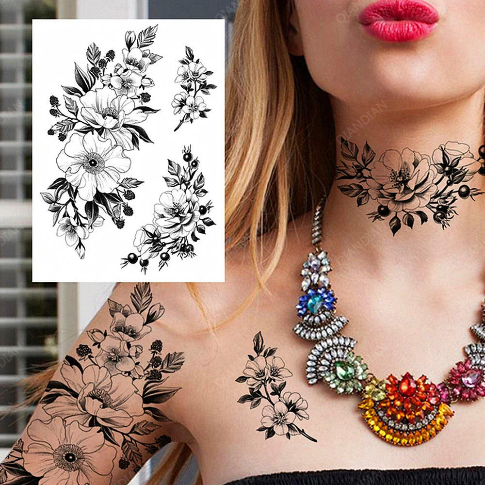 sengpan Black Flower Rose Waterproof Temporary Bird Snake Sexy Body Arm Leg Gem Henna Tattoo Fashion Big Fake Sleeve Sticker