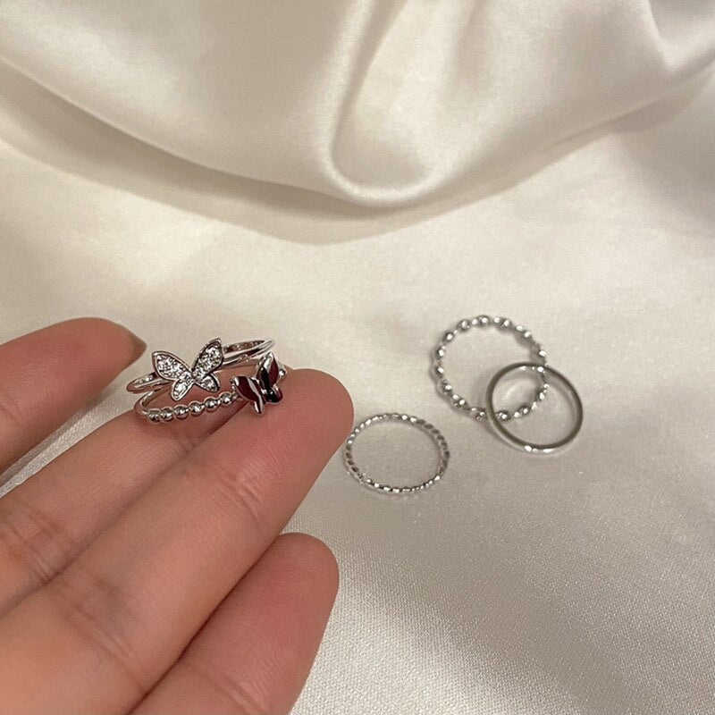 sengpan easter gifts for women  4PCS/SET Simple Romantic Silver Color Zircon Butterfly Ring Irregular Geometric Hollow Spiral Double Ring for Women Jewelry