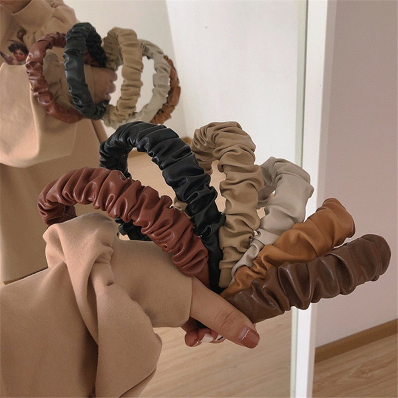 sengpan New Trendy Vintage Brown Leather Pleated Headband Smooth Irregular Geometric Folds Hairpin for Women Party Accessories