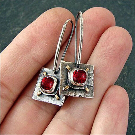 sengpan Retro Crystal Dangle Earrings for Women Lady Vintage Silver Color Red Stone Wedding Party Drop Earrings Jewelry Gifts