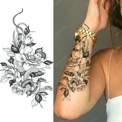 sengpan Black Flower Rose Waterproof Temporary Bird Snake Sexy Body Arm Leg Gem Henna Tattoo Fashion Big Fake Sleeve Sticker