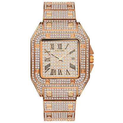 sengpan Disaster Prevention Jewelry Hip Hop Iced Out Men Watch Square Diamond Quartz Luxury Mens Wrist Watches Gold Roman Calendar Steel Clock Relogio Masculino New