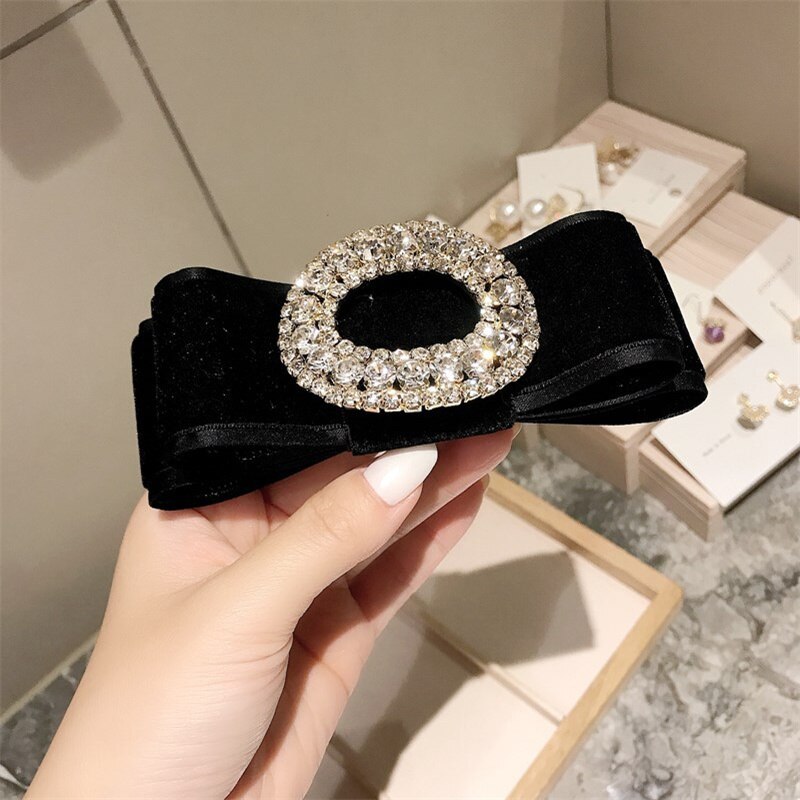 sengpan Black Velvet Barrette for Women Girl Big Rhinestone Hair Clip Hairpin Bow Knot Head Accessories Wholesale