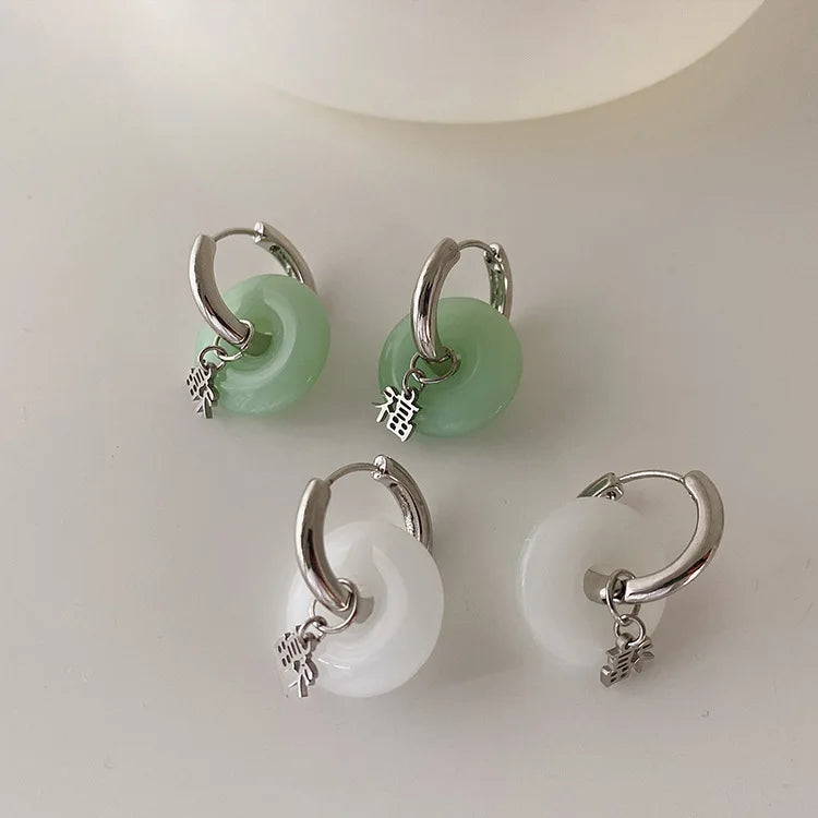 sengpan New Unique Green Jade Round Stainless Steel Hoop Earrings For Women Vintage Elegant Earclip Earrings Statement Jewelry