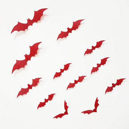 sengpan 12pcs/pack Halloween Black Bat Wall Stickers 3D Stickers Living Room Background Wall Decoration Red Bat Stickers Wholesale