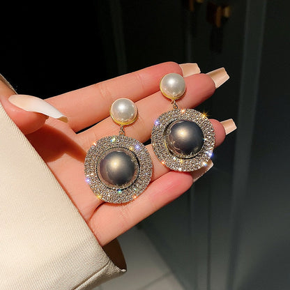 sengpan Christmas wishlist New Trendy Korean Oversized Gray Pearl Drop Earrings for Women Classic Golden Round Crystal Wedding Earrings Jewelry Gift Party