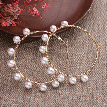 sengpan New white boho imitation pearl round circle hoop earrings female gold color big earrings korean jewelry statement earrings