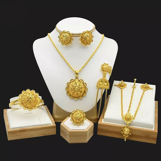 sengpan - Ethiopian Bridal Jewelry Sets 24K Gold Plated Headwear Necklace Earrings Bracelet Ring Nigerian Wedding Jewellery Set For Women