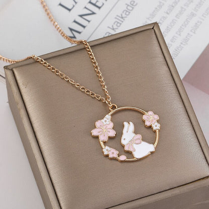 sengpan Fashion Creative Sakura Bunny Cat Necklace Cute Cartoon Garland Pendant Ladies Jewelry Accessories Necklaces Pink Wholesale