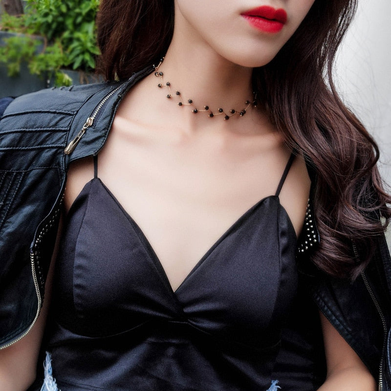 sengpan  New Arrivals Hot Fashion Black Crystal Necklace Kolye Collier Simple Cross Strand Beaded Chokers Necklaces Women Jewelry