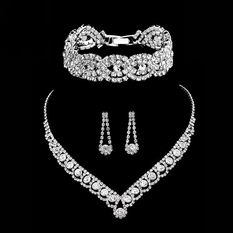 sengpan Silver Color Rhinestone Crystal Bridal Jewelry Sets for Women Necklace Earrings Bracelet Set Wedding Jewelry Accessories