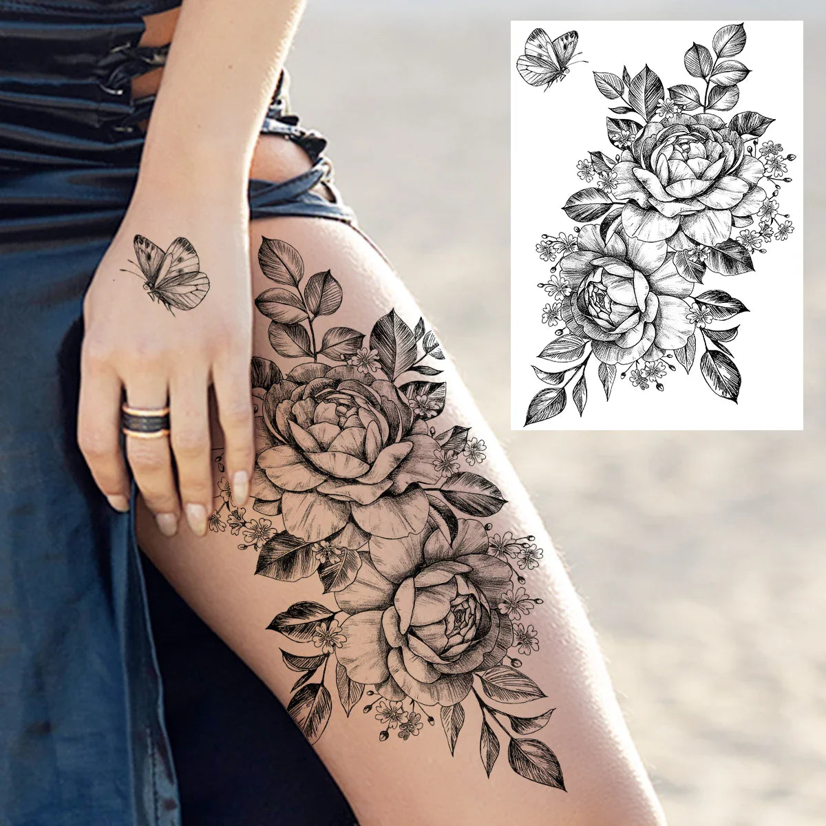 sengpan Sexy Flower Temporary Tattoos For Women Body Art Painting Arm Legs Tattoos Sticker Realistic Fake Black Rose Waterproof Tattoos