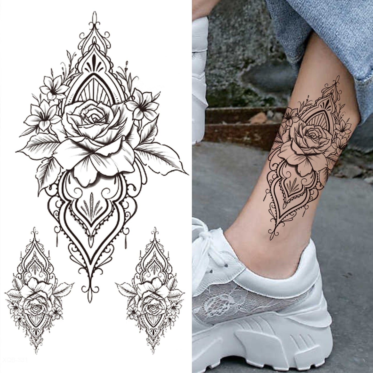 sengpan Lotus Flower Temporary Tattoo For Women Girls Snake Peony Lily Rose Chains Tattoos Sticker Black Blossom Fake Transferable Tatoo