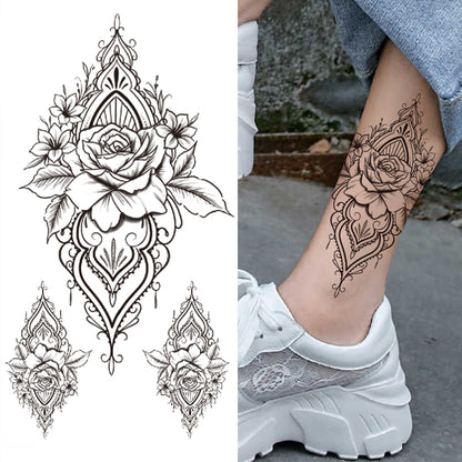 sengpan Lotus Flower Temporary Tattoo For Women Girls Snake Peony Lily Rose Chains Tattoos Sticker Black Blossom Fake Transferable Tatoo