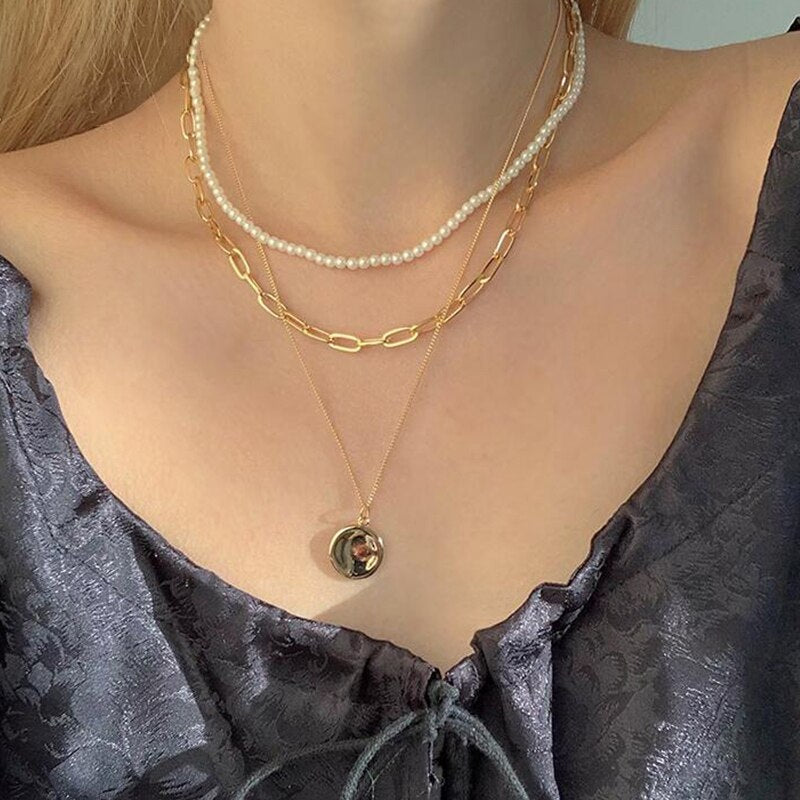 sengpan Vintage Multiayered Pearl Necklace For Women Fashion Golden Portrait Coin Pendant Thick Chain Necklaces Jewelry Gifts