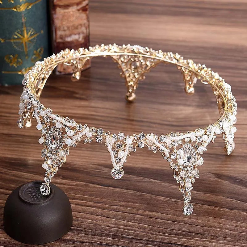 sengpan Baroque Bridal Crown Crystal Beads Full Round Tiara For Women Queen Diadem Wedding Hair Ornaments Jewelry Hair Accessories