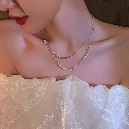 sengpan gifts for women Imitation pearl necklace female new super fairy double layered clavicle chain light luxury