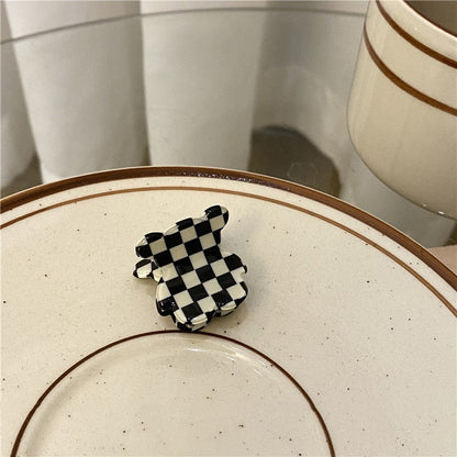 sengpan New Korean Sweet Cute Fashion Geometric Black White Checkerboard Mini Small Bear Resin Handmade Hairpin for Women