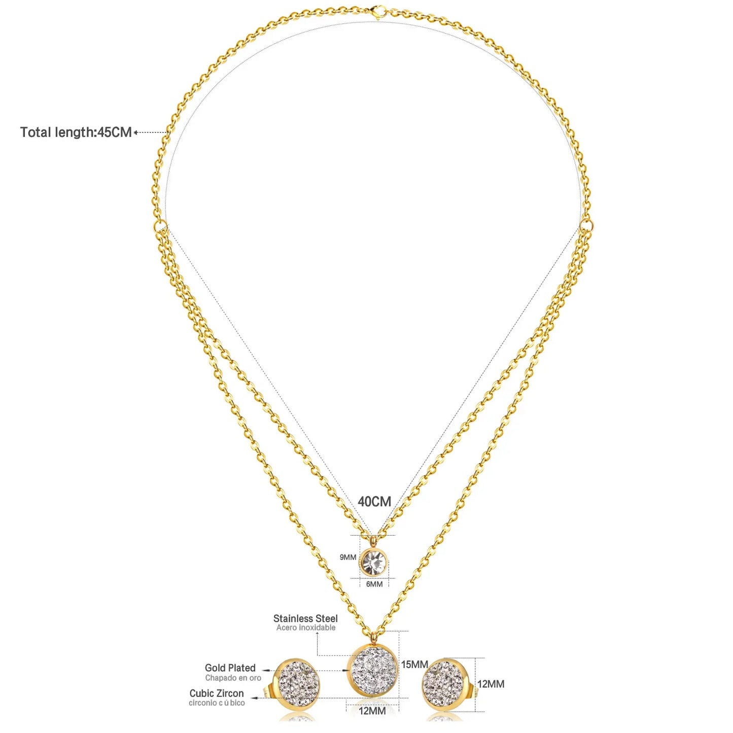 Lianfudai 2024 New Round Zircon Muddy Double Layer Chain Necklace Earrings Set Gold Silver Color Pendant Jewelry Set For Women Wholesale