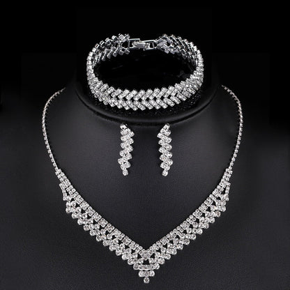 sengpan Silver Color Rhinestone Crystal Bridal Jewelry Sets for Women Necklace Earrings Bracelet Set Wedding Jewelry Accessories