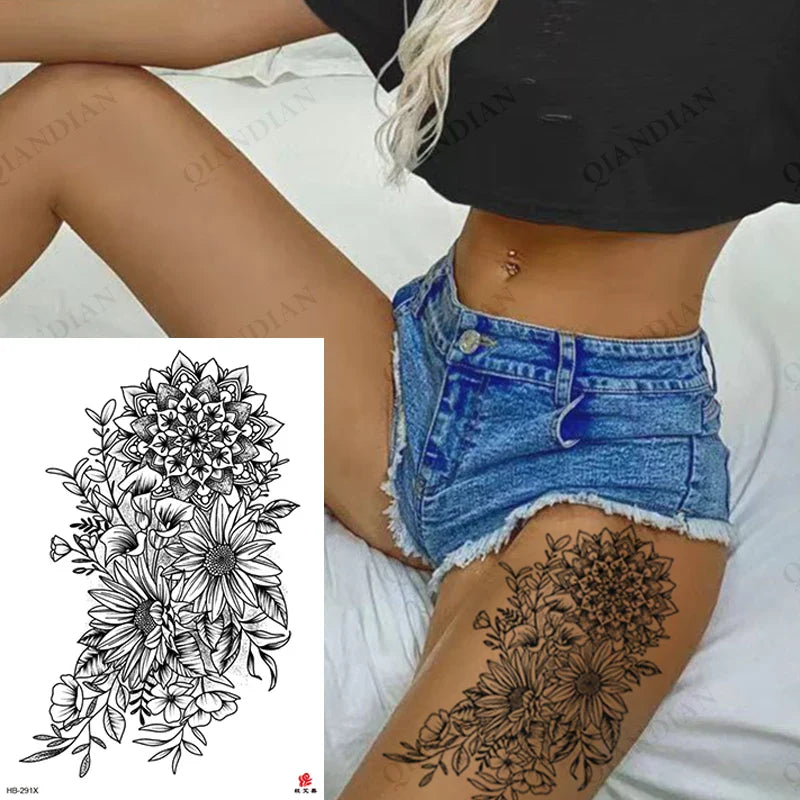 sengpan Black Flower Rose Waterproof Temporary Bird Snake Sexy Body Arm Leg Gem Henna Tattoo Fashion Big Fake Sleeve Sticker