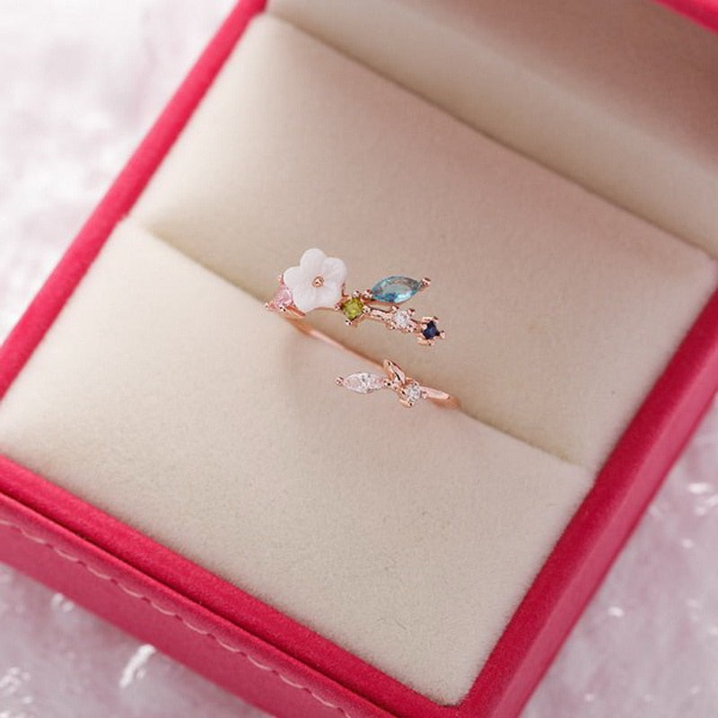 sengpan gifts for women Korean New Exquisite Crystal Flower Ring Fashion Temperament Sweet Versatile Adjustable Open Ring Female Jewelry Gift Trend