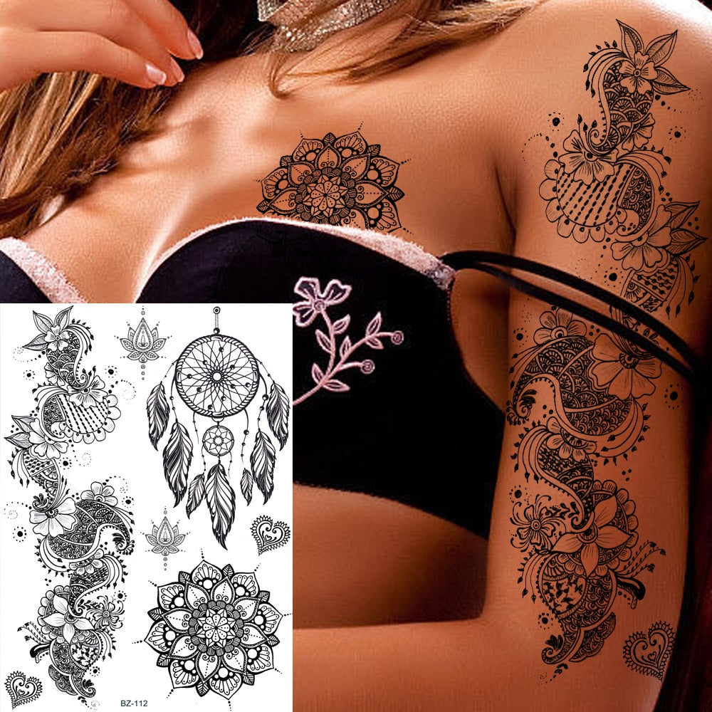 sengpan western jewelry for women Black Henna Lace Temporary Tattoos Sticker For WOmen Butterfly Moth Mehndi Flower Fake Tatoo Sticker Feather Flora Tatoo