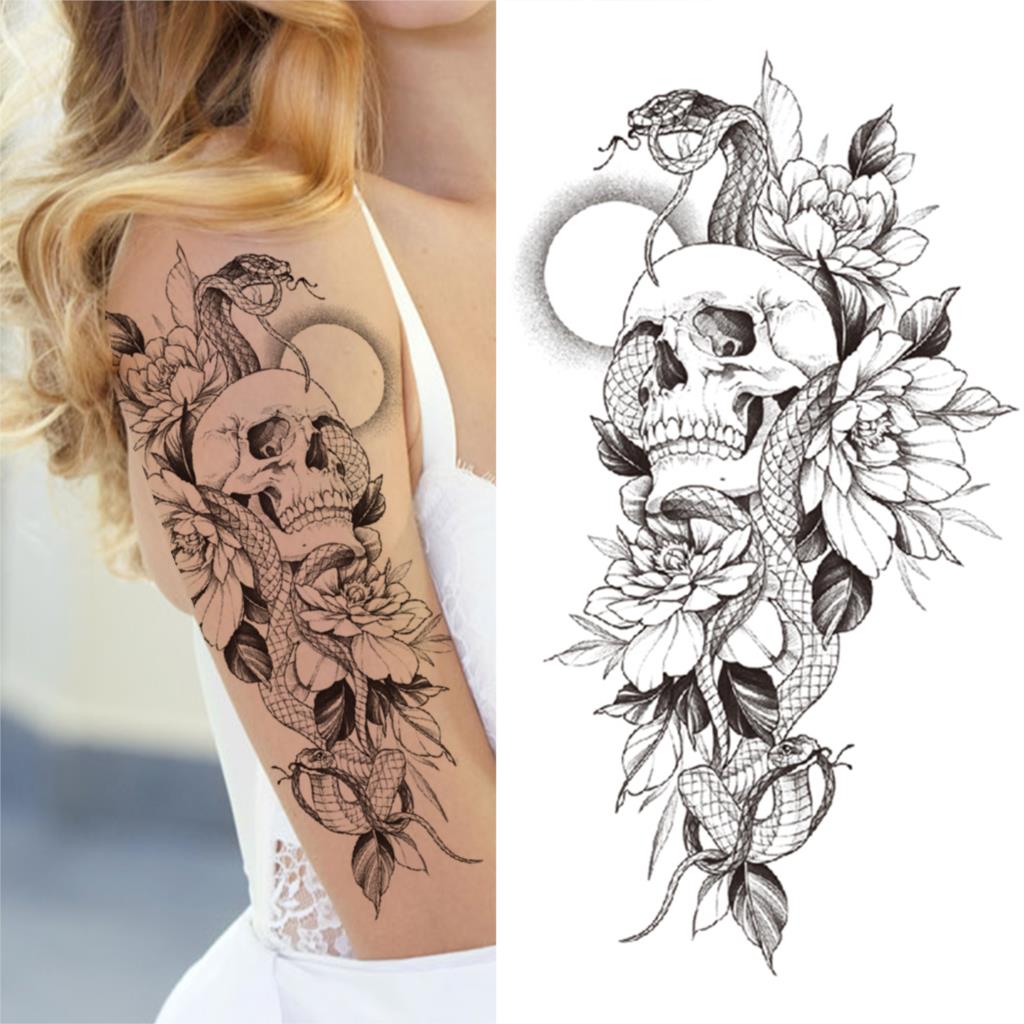 sengpan Lotus Flower Temporary Tattoo For Women Girls Snake Peony Lily Rose Chains Tattoos Sticker Black Blossom Fake Transferable Tatoo