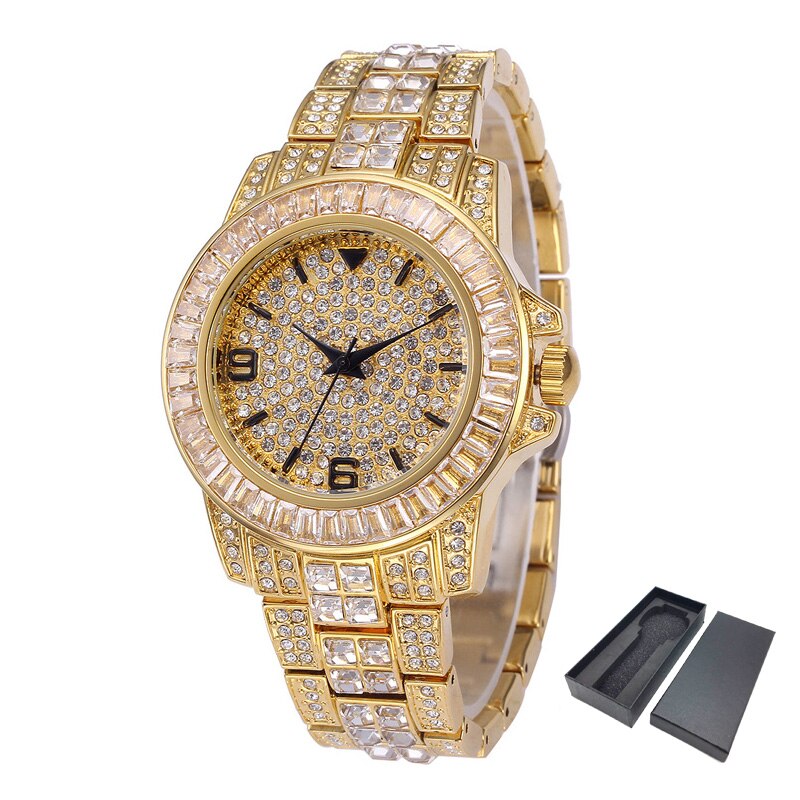 sengpan easter gifts for women  CZ Bling Diamond Men's Watch Role 18k Gold Plated Ice out Quartz Iced Wrist Watches for Men Male Waterproof Wristwatch Hours