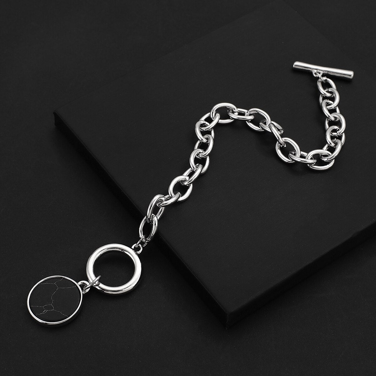 sengpan Punk Silver Color Black Stone Round Pendant Bracelet Retro Hip Hop Men Women Thick Chain Bracelet Female Couple Jewlery