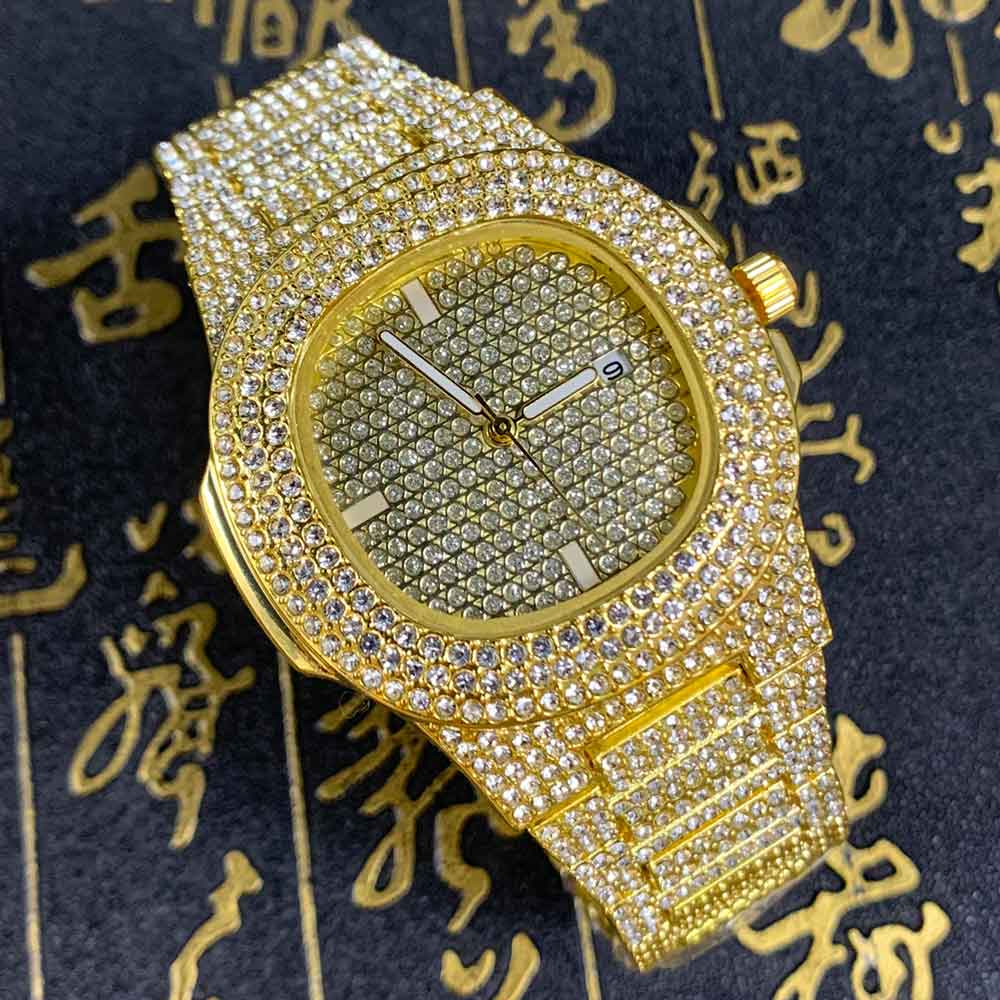 sengpan Disaster Prevention Jewelry Fashion Iced Out Watch Men Diamond Steel Hip Hop Mens Watches Top Brand Luxury Gold Clock reloj hombre relogio masculino