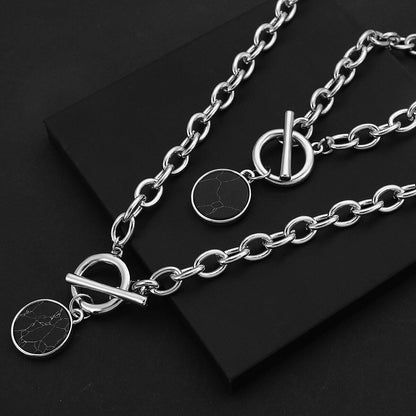 sengpan Punk Silver Color Black Stone Round Pendant Bracelet Retro Hip Hop Men Women Thick Chain Bracelet Female Couple Jewlery