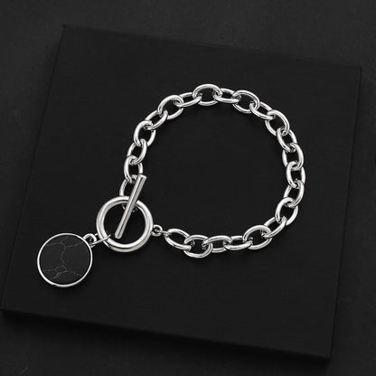 sengpan Punk Silver Color Black Stone Round Pendant Bracelet Retro Hip Hop Men Women Thick Chain Bracelet Female Couple Jewlery