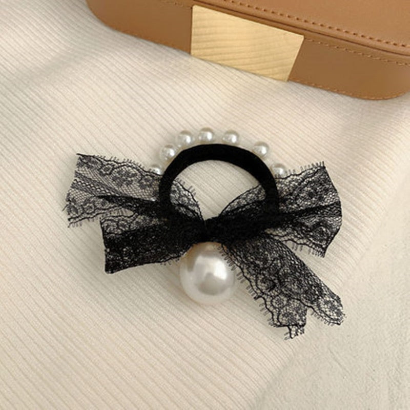 sengpan New Vintage Pearl Bow Headband Cute Black Rubber Band Lace Elasticity Head Rope for Women Girl Temperament Hair Accessories