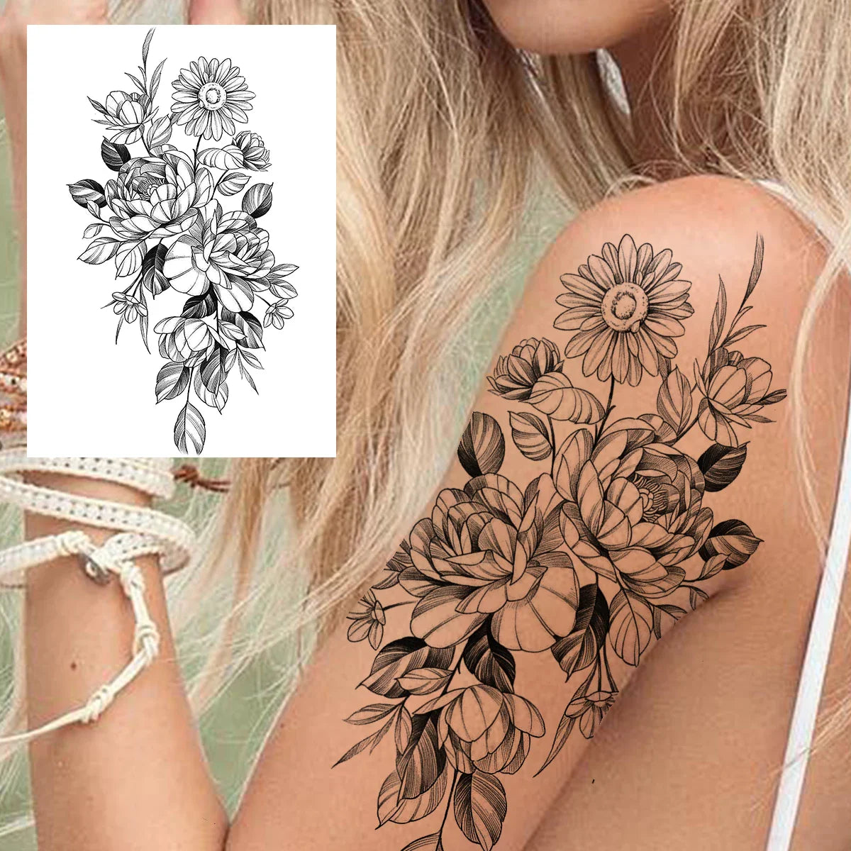 sengpan Sexy Flower Temporary Tattoos For Women Body Art Painting Arm Legs Tattoos Sticker Realistic Fake Black Rose Waterproof Tattoos