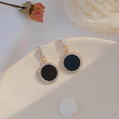 sengpan Round rhinestone earrings new black fashion Korean personality temperament wild simple earrings ladies jewelry