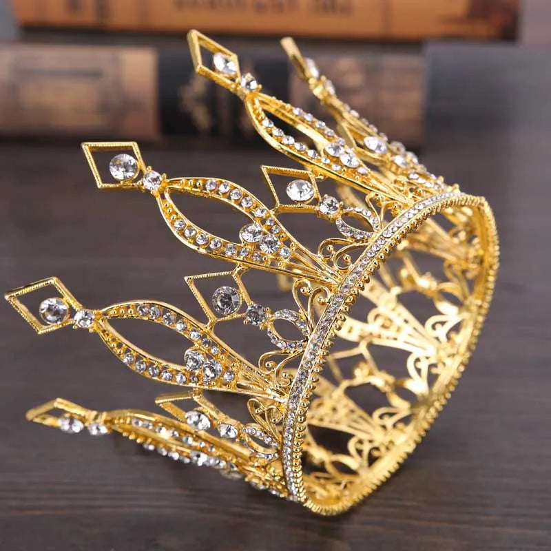 sengpan Baroque Golden Crown King Queen Circle Crystal Hair Ornaments Birthday Wedding Jewelry Hair Accessories Tiara Party