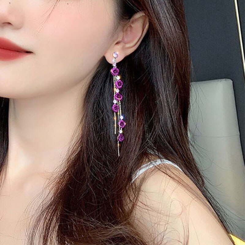 sengpan gifts for her hot sale new gifts for women Korean Fashion Cat Rose Flowers Tassel Earrings For Women Crystal Pearl Dangle Asymmetrical Wedding Party Jewelry Sweet Female