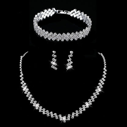 sengpan Silver Color Rhinestone Crystal Bridal Jewelry Sets for Women Necklace Earrings Bracelet Set Wedding Jewelry Accessories