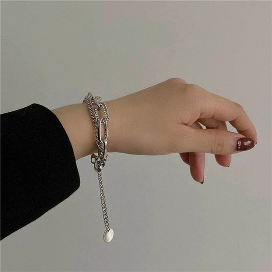 sengpan New Simple Silver Color Titanium Steel Double Hollow Lock Chain Sweet Romantic Irregular Geometric Thin Bracelet for Women