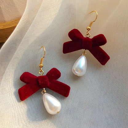 sengpan Christmas gifts ideas Red Style Charm Circle Pearl Drop Earrings Love Heart Bow Earrings For Women Girls Party Gift Korean Fashion Wedding Jewelry