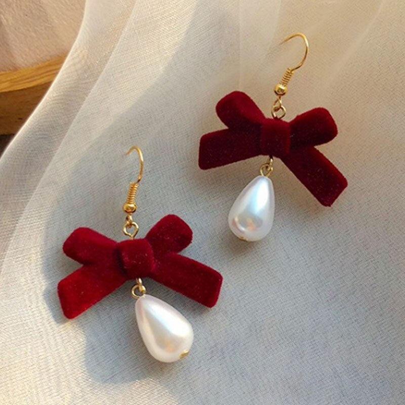 sengpan Christmas gifts ideas Red Style Charm Circle Pearl Drop Earrings Love Heart Bow Earrings For Women Girls Party Gift Korean Fashion Wedding Jewelry