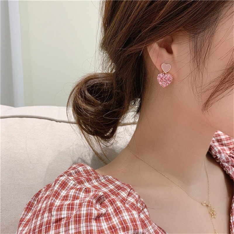 sengpan Female Women Girl Stud Earrings Pink Zircon Rhinestone Heart Sweet Cute Fashion Jewelry Accessories