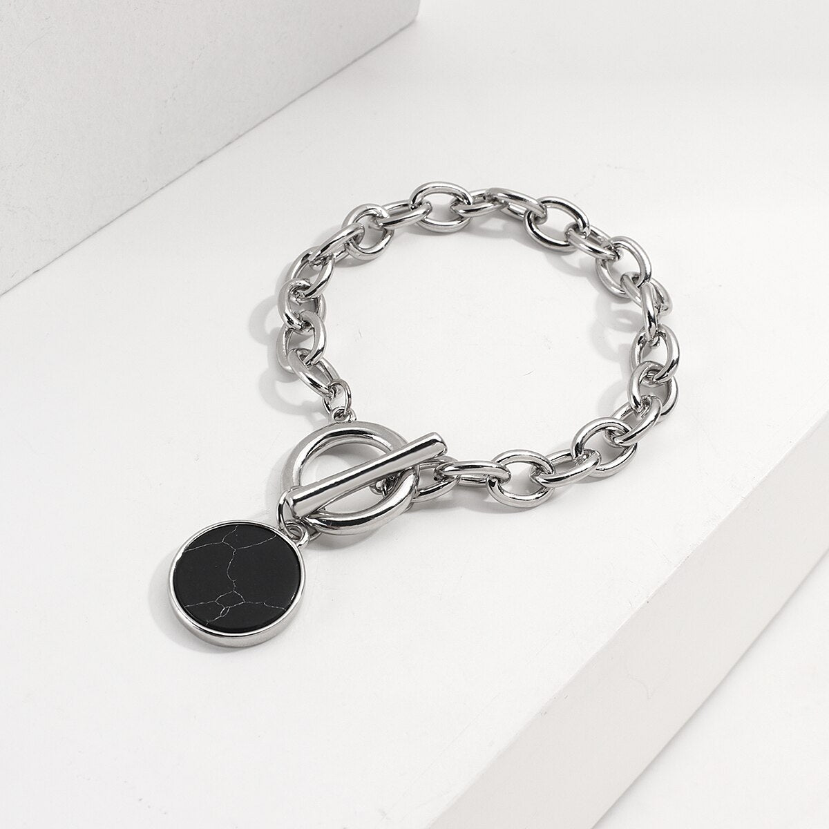 sengpan Punk Silver Color Black Stone Round Pendant Bracelet Retro Hip Hop Men Women Thick Chain Bracelet Female Couple Jewlery